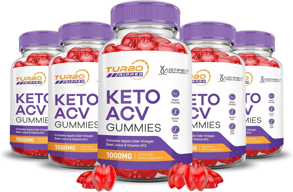(5 Pack) Turbo Ripped Keto ACV Gummies Advanced Formula 1000MG Turbo Ripped Keto Gummies Apple Cider Vinegar Formulated with Pomegranate Beet Juice Powder B12 Vegan Non GMO 300 Gummys