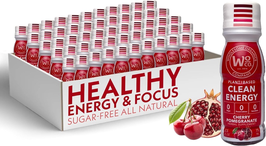 Wholesome Organics - Sugar Free Energy Shots Extra Strength Natural & Healthy Energy Drinks - Plant-Based Energy Supplements w/Vitamin B12 Lion's Mane & Yerba Mate - Cherry Pomegranate Flavor 48 Pack