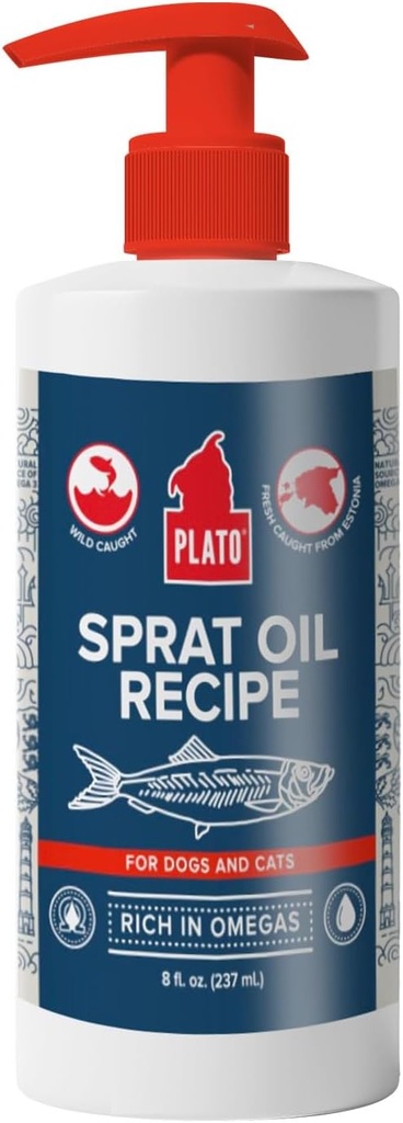 PLATO Pet Treats Fish Oil for Dogs - Omega 3 Oil for Dogs - Supports Healthy Skin and Coat - Baltic Sprat Oil Recipe 8 Ounces