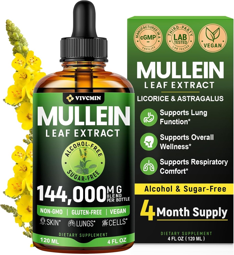 Mullein Drops for Lungs with Licorice & Astragalus, αναπνευστική & ανοσοποιητική υποστήριξη, Lung Detox για καπνιστές Βάμμα, Mullein Leaf Extract για Lung Cleanse, Sugar & Alcohol-Free, 4 fl oz