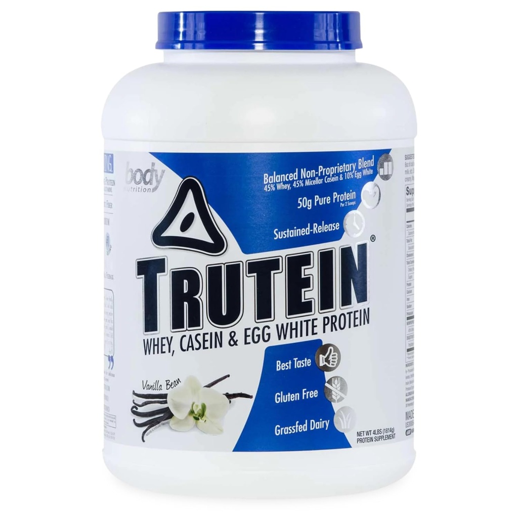 Διατροφή σώματος Trutein υψηλής πρωτεΐνης σκόνη: 45% Whey, 45% καζεΐνη, 10% αυγολευκή πρωτεΐνη ανακάτεμα, χωρίς γλουτένη, χαμηλό νάτριο, χαμηλή πρωτεΐνη υδατανθράκων συμπλήρωμα σκόνης για άνδρες & γυναίκες, Vanilla Bean, 4lb