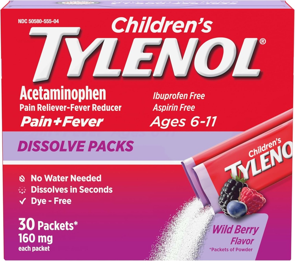 Children's Tylenol Dissolve Packs for Pain Relief, Fever Medication, 160 mg Acetaminophen, Dye Free, Kids' Powder Packets for Cold & Flu Symptom Relief; Wild Berry Flavor, 30 ct.; Pack of 1