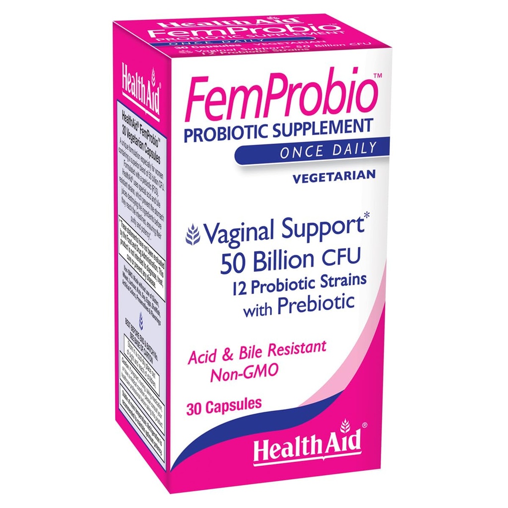 HealthAid FemProbio – Once-Daily Probiotic with Prebiotic Fiber | 50 Billion CFU | 30 Vegetarian Capsules | Acid & Bile Resistant, Lactose, Gluten & GMO-Free