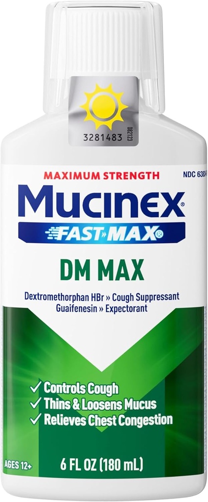 Mucinex DM Max Υγρού Βήχα & Ψυχρής Ιατρικής για Ενήλικες, Ψυχρό και Γρίπη Ιατρική για Περίσσεια Ανακούφιση Mucus, Guaifenesin & Dextromethorphan Προσδοκητικό & Αποσυμφορητικό για Ενήλικες, Δρ Προτείνεται, 6.0 Fl Oz