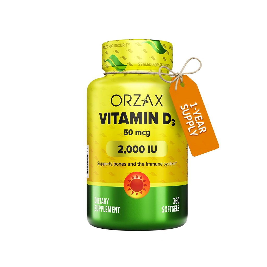 ORZAX Βιταμίνη D3 2000 eu (50 mcg) – Μη ΓΤΟ, Χωρίς γλουτένη, Χωρίς ζάχαρη, Χωρίς γαλακτοκομικά – 1 έτος προσφοράς για ισχυρή λειτουργία μυών και ανοσοποιητική υποστήριξη – Συμπλήρωμα διάθεσης για ευεξία (360 Softgel)