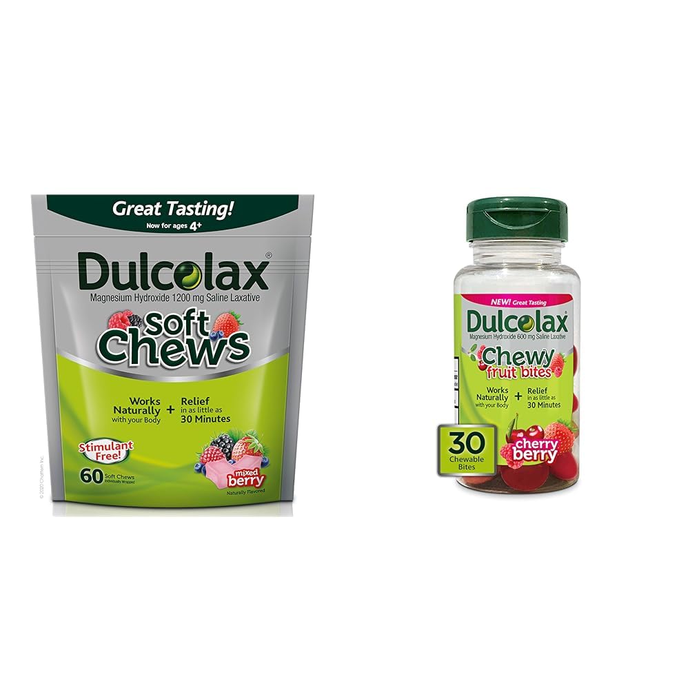 Dulcolax Soft Chews Saline Laxative Mixed Berry (60ct) Απαλή δυσκοιλιότητα Ανακούφιση & Chewy Fruit Bites, Saline Laxative, Cherry Berry (30ct) Crumb-Free Constipation Relief