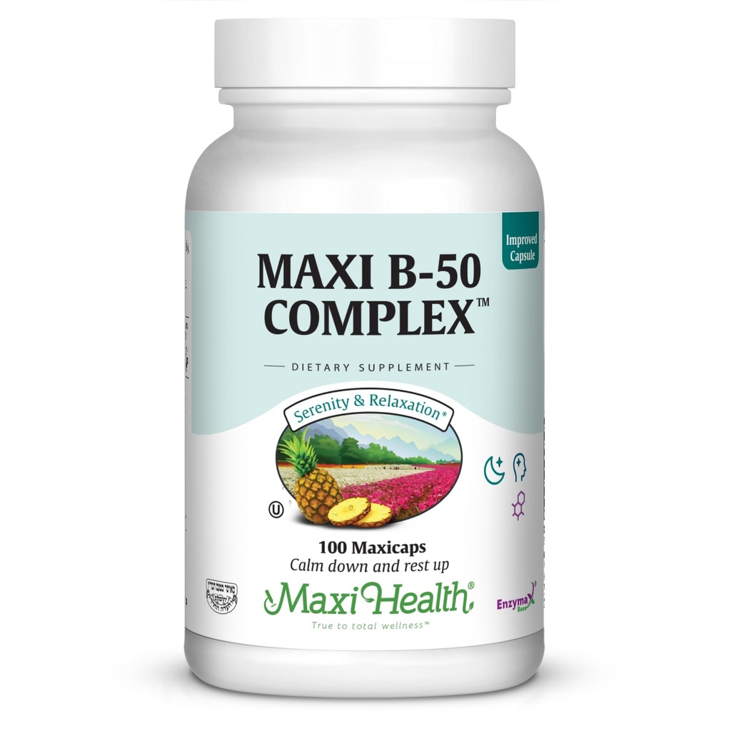 Maxi Health Vitamin B Complex – Υψηλής ισχύος B Complex Βιταμίνες B-50 με B1, B2, B3, B6, B12, Biotin & Folate – Υποστήριξη Κυτταρική Ενέργεια & Νοητική Καθαρότητα – Kosher – 100 Κάψουλες
