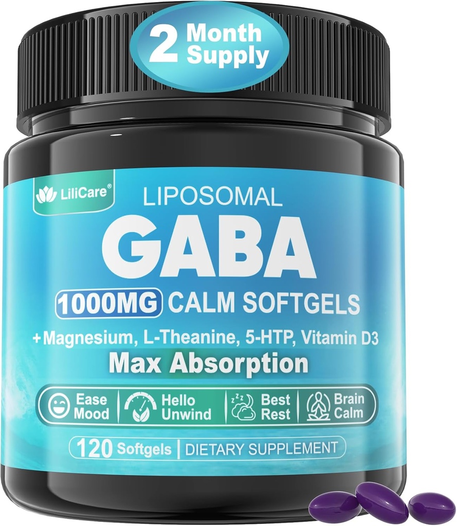 Συμπλήρωμα GABA - 1000 mg Liposomal Form για Βέλτιστη Απορρόφηση, GABA με L-Θεανίνη, Γλυκινικό Μαγνήσιο, 5HTP, Βιταμίνη D3 για Εγκεφαλική Ηρεμία, Mood, Zzz Καλύτερη - Μελατονίνη- Δωρεάν 120 Softgels.