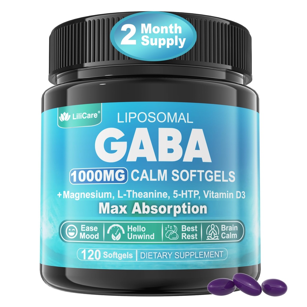 Συμπλήρωμα GABA - 1000 mg Liposomal Form for Optimal Abvorvation, GABA with L-Θεανίνη, Μαγνήσιο Γλυκινικό, 5HTP, Βιταμίνη D3 for Calm, Relaxation, Mood, Restful Night - Melatonin-Free 120 Softgels.