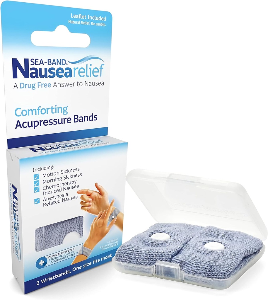 Dramamine Nausea Ginger Chews, 20 Count and Sea-Band Anti-Nausea Acupressure Wristband for Motion & Morning Sickness, 1 Ζεύγος