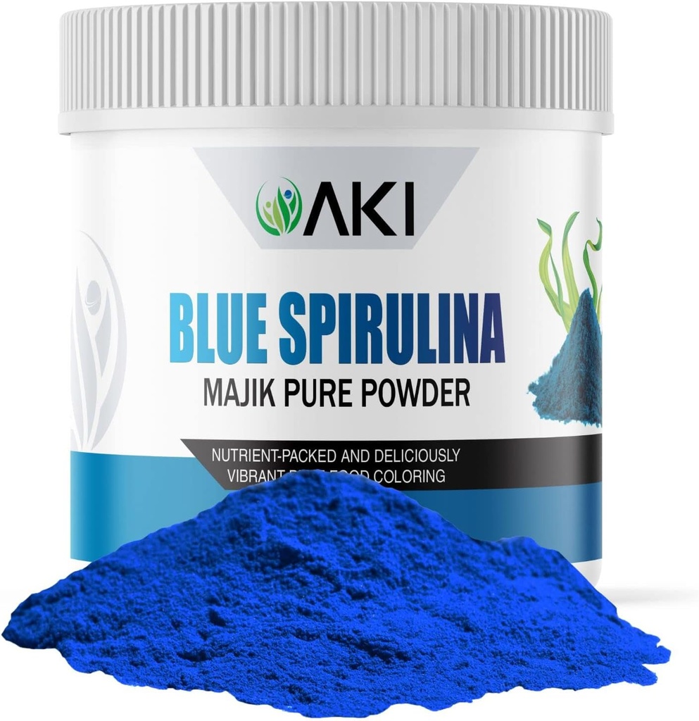AKI E18 Grade Blue Spirulina Powder Pack – Εξαιρετικά συμπυκνωμένη Phycocyanin Superfood – Deep Blue, Vegan & Non-GMO – Ιδανικό για smoothies, Παγωτό, Γιαούρτι ή Γλυκά – 2oz/57g