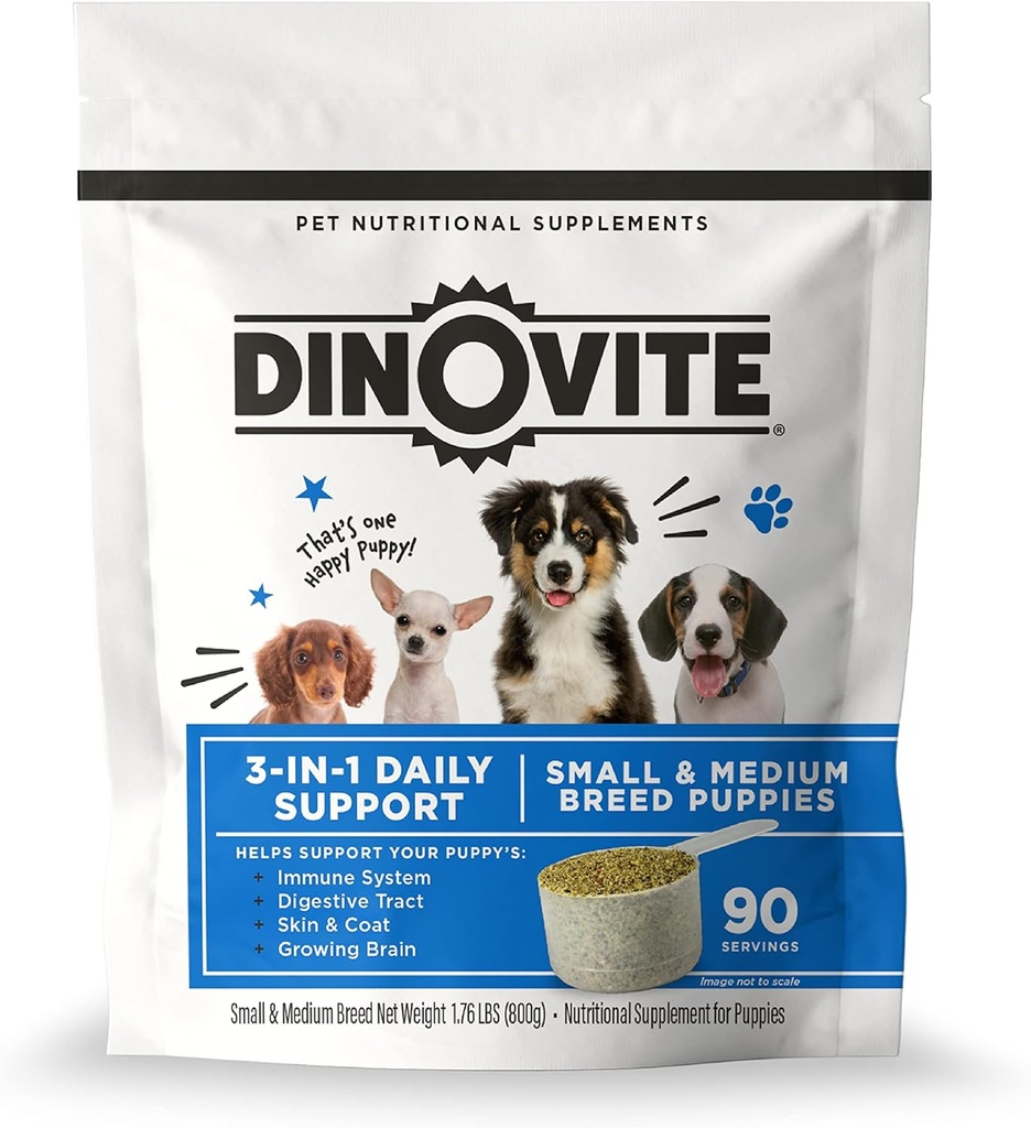 Dinovite 3 σε 1 Probiotic για κουτάβια, δέρμα & παλτό, Digestive Health & Joint Relief, Σκυλοτροφές Toppers, Salmon Oil, Glucosamine, Allergy Relief & Itch Relief Skin Care, 90 Σερβιέτες (Puppy)
