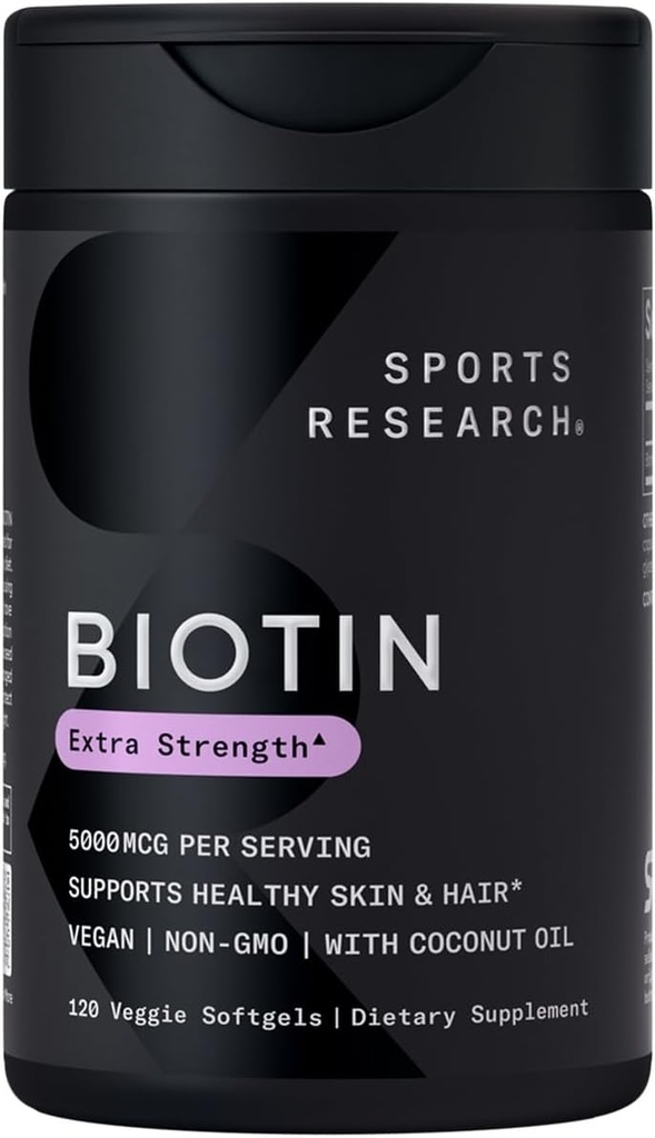 Sports Research® Biotin 5,000mcg με Βιολογικό Έλαιο Καρύδας - Βιοτίνη (Βιταμίνη Β7) για Υγιή Δερμάτινα και Μαλλιά* - για Γυναίκες και Άνδρες - Vegan, Μη Γλουτένη & Χωρίς Σόγια - 120 Veggie Softgels