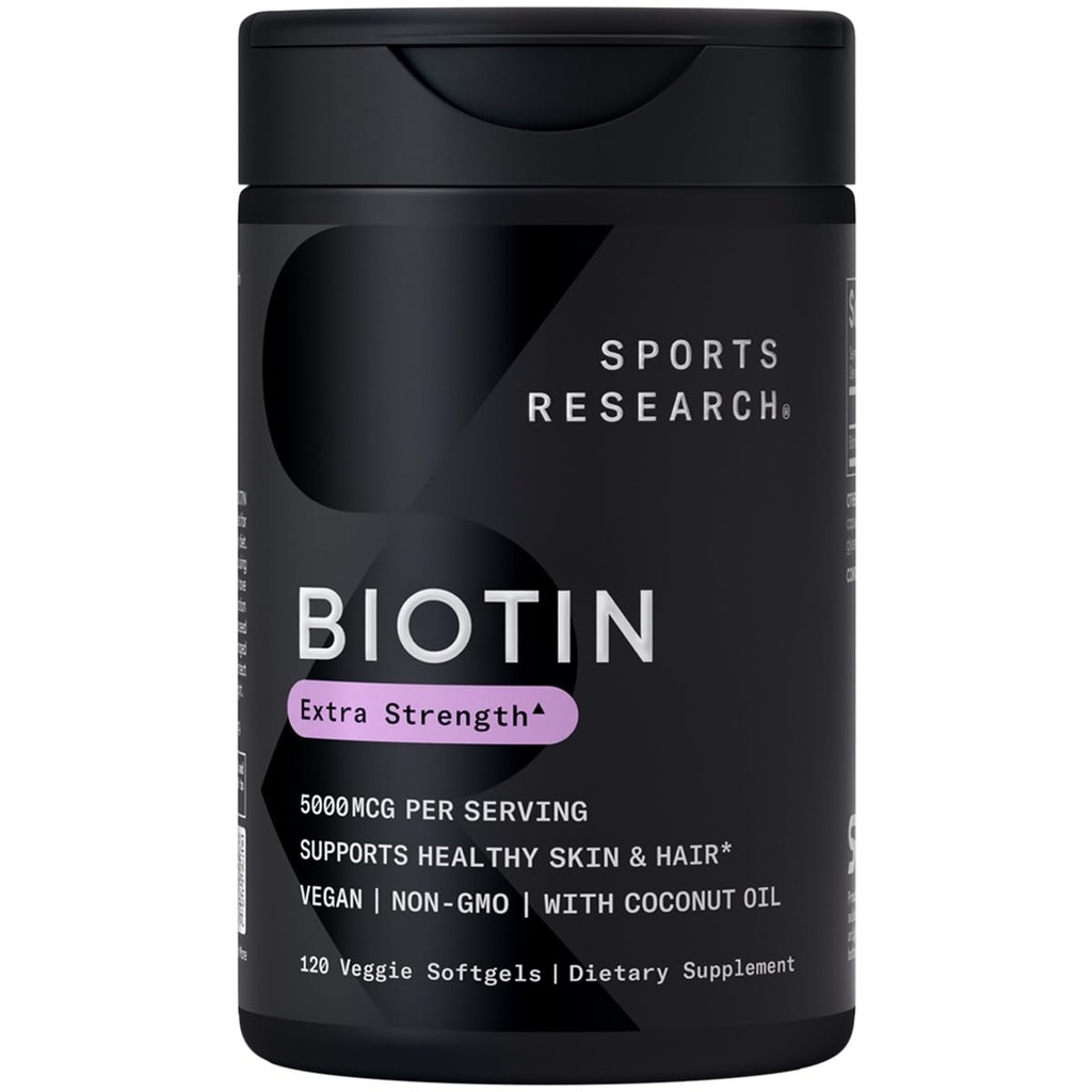 Sports Research® Biotin 5,000mcg με Βιολογικό Έλαιο Καρύδας - Βιοτίνη (Βιταμίνη Β7) για Υγιή Δερμάτινα και Μαλλιά* - για Γυναίκες και Άνδρες - Vegan, Μη Γλουτένη & Χωρίς Σόγια - 120 Veggie Softgels