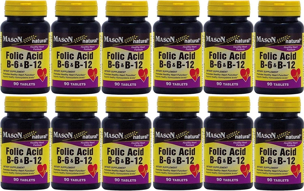 Mason Vitamins Folic Acid B-6 & B12 Heart Health Formula 90 Tablets per Bottle Pack of 12 Total 1080 Tablets