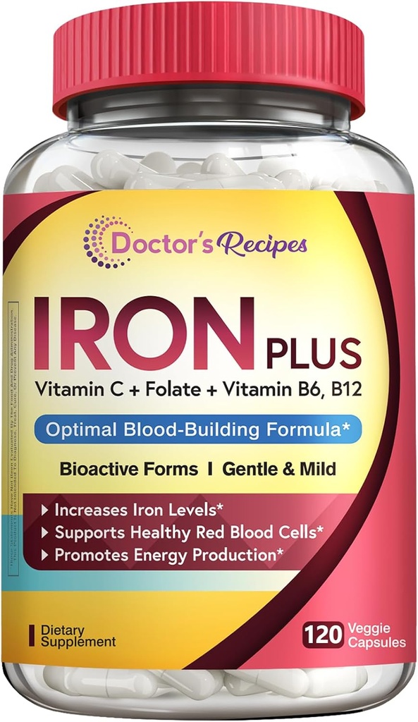 Doctor's Recipes Iron Supplement for Women Άνδρες - Gentle Iron Bisglycinate with Vitamin C, B6, Folate & B12 - Μη Συντηρώντας & Στομάχι Φιλικά Iron Hills για την υποστήριξη αίματος & ενέργειας, 120 Vegan Caps