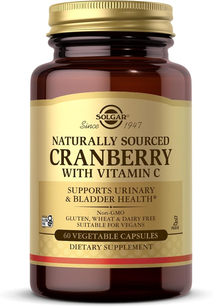 Solgar Cranberry με βιταμίνη C - 60 κάψουλες λαχανικών - Υποστηρίζει την υγεία ουροφόρων ούρων και της ουροδόχου κύστης - Μη ΓΤΟ, Vegan, Kosher, Χωρίς γλουτένη - 60 εξυπηρετήσεις