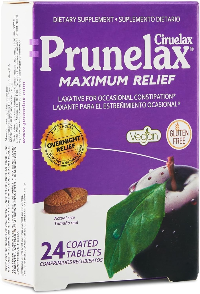 Prunelax Ciruelax Maximum Relief Laxative Tablets with Natural Senna for Occasional Constipation, Senna Extract, Vegan & Gluten-free, Gentle Overnight Relief - 24ct