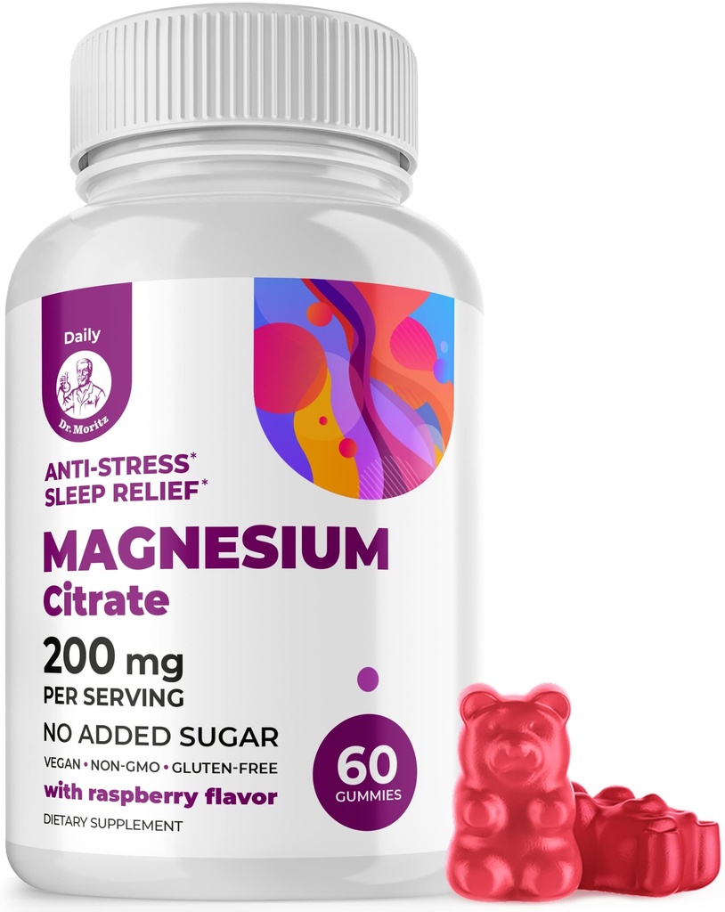 DR. MORITZ Magnesium Citrate Gummies for Adults - Sugar-Free Calm Magnesium Gummies - Υποστηρίζει μια υγιή αντίδραση στρες - Βατόμουρο Γεύση - Μη-GMO, 200 mg (60 Count)