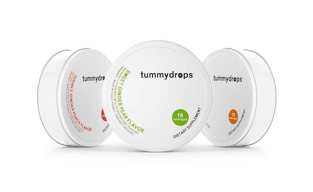 Tummydrops Organic Ginger Goodness Pack (1 κονσέρβα κάθε Spicy Ginger, Sweet Ginger Peach, & Double Ginger Peach). Χωρίς γλουτένη & Vegan. 54 Μεμονωμένα τυλιγμένα οργανικά Ginger Lozenges.