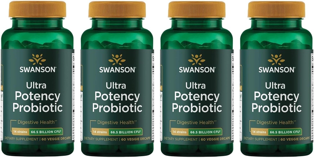 Swanson Ultra Potency Probiotic Digestive Health Immune System Support 66 Billion CFU Prebiotic NutraFlora scFOS 60 DRcaps Veggie Caps (Κάψουλες) (4 Συσκευασία)