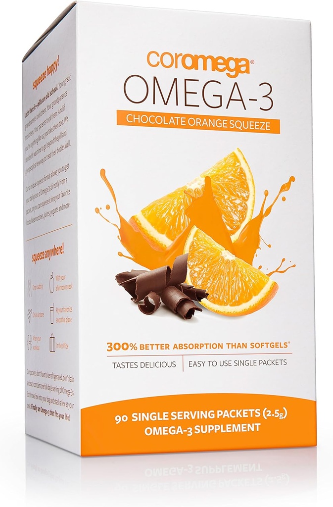 Coromega Omega 3 Fish Oil Συμπλήρωμα, 650mg Ωμέγα-3s με 3X Καλύτερη Απορρόφηση από Softgels, Σοκολάτα Πορτοκαλί Γεύση, 90 Single Serv Squeeze Packets