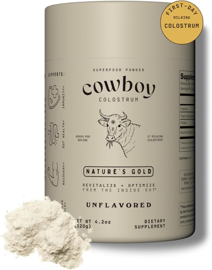 COWBOY COLOSTRUM Powder - Bovine Colostrum Powder for Women & Men - Πρώτη μέρα Άρμεγμα Ολόκληρο Colostrum - Grass Fed Colostrum Supplement for Gut Health, Immunity, Skin & Hair (Unflaved, 40 Servings)