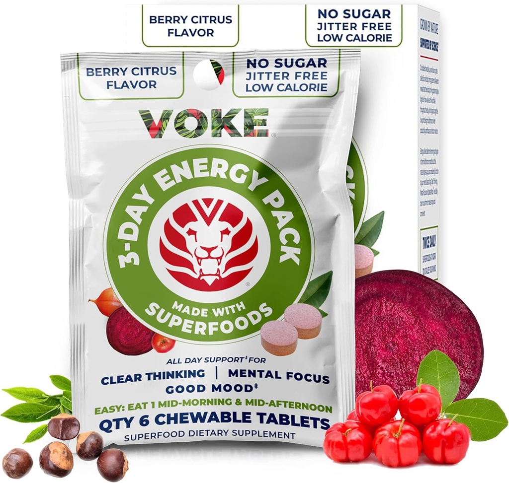 Voke Energy Tablets - Ταμπλέτες ταχείας εστίασης Superfood μασώμενα, Pocket Φορητή, επαναχρησιμοποιήσιμη συσκευασία, βιταμίνη C, υποστηρίζει τη συγκέντρωση μνήμης εστίασης Καθαρή σκέψη και καλή διάθεση.