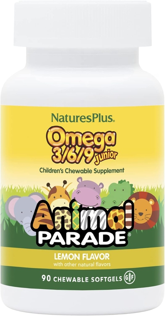 Natures Plus Animal Parade Omega 3/6/9 Junior, Lemon Flavor - 90 Softgels - Promotes Children's Immune, Skin, Eye & Nervous System Health - Non-GMO, Gluten Free - 45 Servings