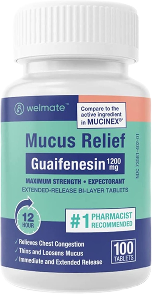 WELMATE - Mucus Relief - Guaifenesin 1200 mg Μέγιστη δύναμη - Extended- Release Reventorant Tablets - Βοηθά στη σαφή συμπύκνωση στο στήθος & χαλαρώστε Mucus - 12 Hour Relief - 100 Count