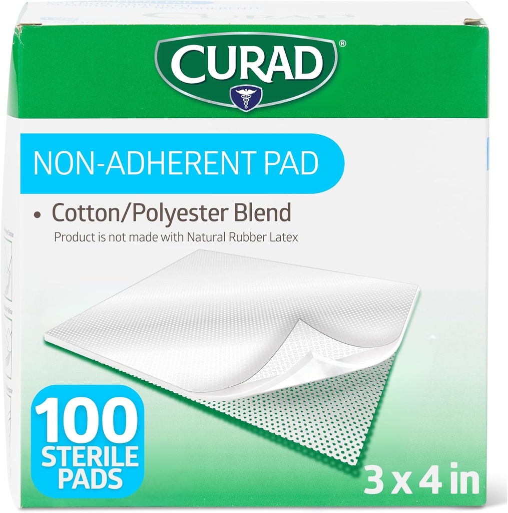 CURAD Sterile Non-Adherent Pads (Pack of 100), 3"x4", for gentle wound dressing and absorption without sticking