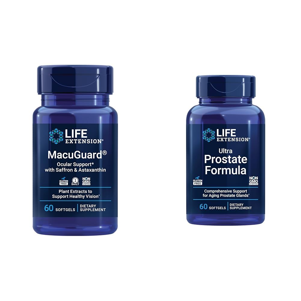 Επέκταση ζωής Macuguard οφθαλμική υποστήριξη με Saffron & Aspaxanthin 60 Count και Ultra Prostate Formula Saw Palmetto 60 Softgels
