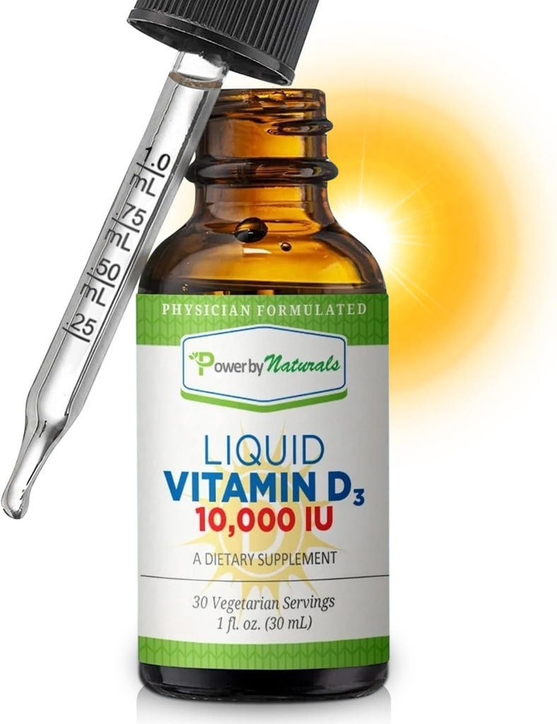Power By Naturals Βιταμίνη D3 Υγρές σταγόνες 10000 IU - Υψηλής ισχύος Βιταμίνη D3 για Ενήλικη Δύναμη των Οστών & Ανοσολογική Υποστήριξη - Χωρίς γλουτένη, Μη-ΓΤΟ, Χωρίς ζάχαρη Βιταμίνη - Πορτοκαλί Γεύση, 1 fl Oz (30 Σερβιέτες)