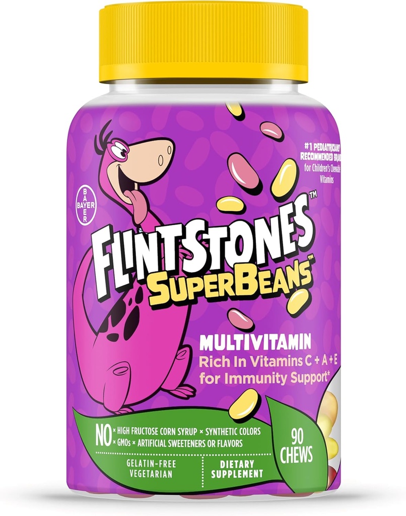 Flintstones Vitamins SuperBeans,Kids Multivitamin with Immunity Support with Vitamins A,D,Iodine&Zinc to Support Healthy Growth,Fruit Flavored,Vegetarian,Jelly Bean Chews,90 Count(Packaging may vary)