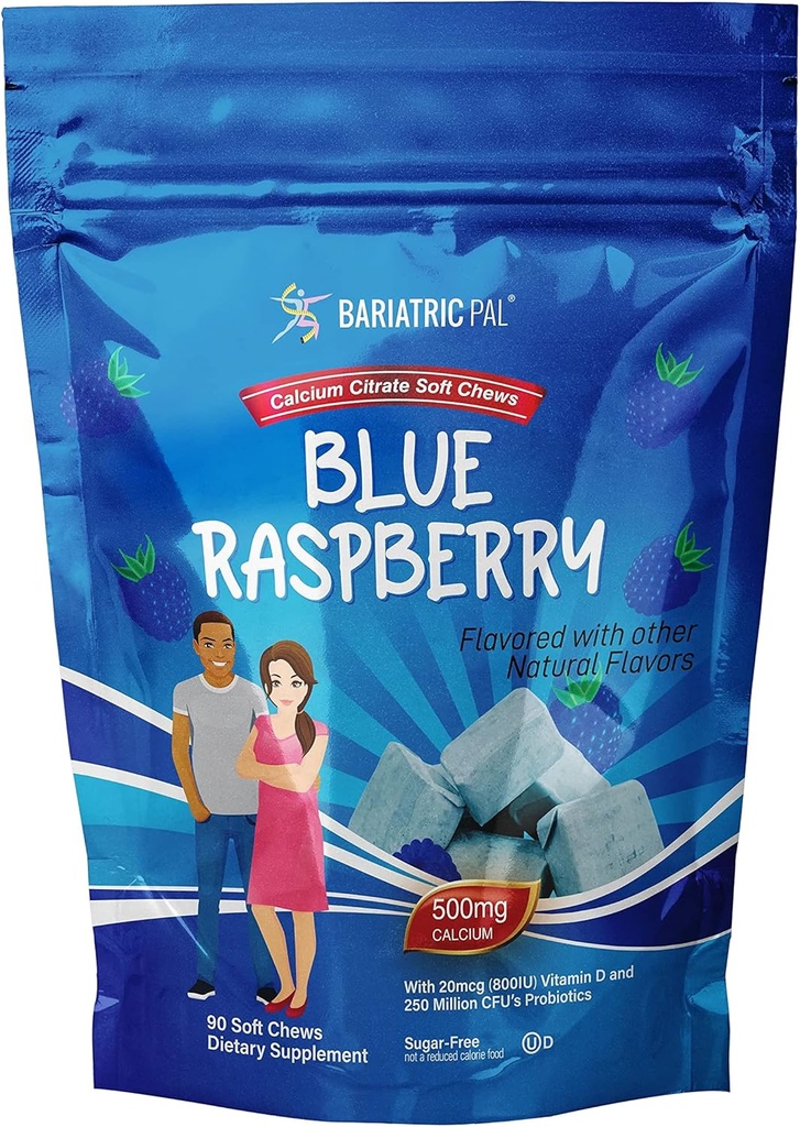 BariatricPal Sugar-Free Calcium Citrate Soft Chews | 500mg with Vitamin D & Probiotics | Blue Raspberry | 90 Count (1 Month Supply)