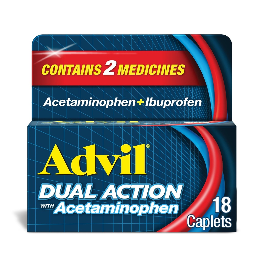 Advil Dual Action Coated Caplets με Acetaminophen, 125mg Ibuprofen και 250mg Acetaminophen Per Caplet για 8 ώρες ανακούφιση του πόνου - 18 κόμης