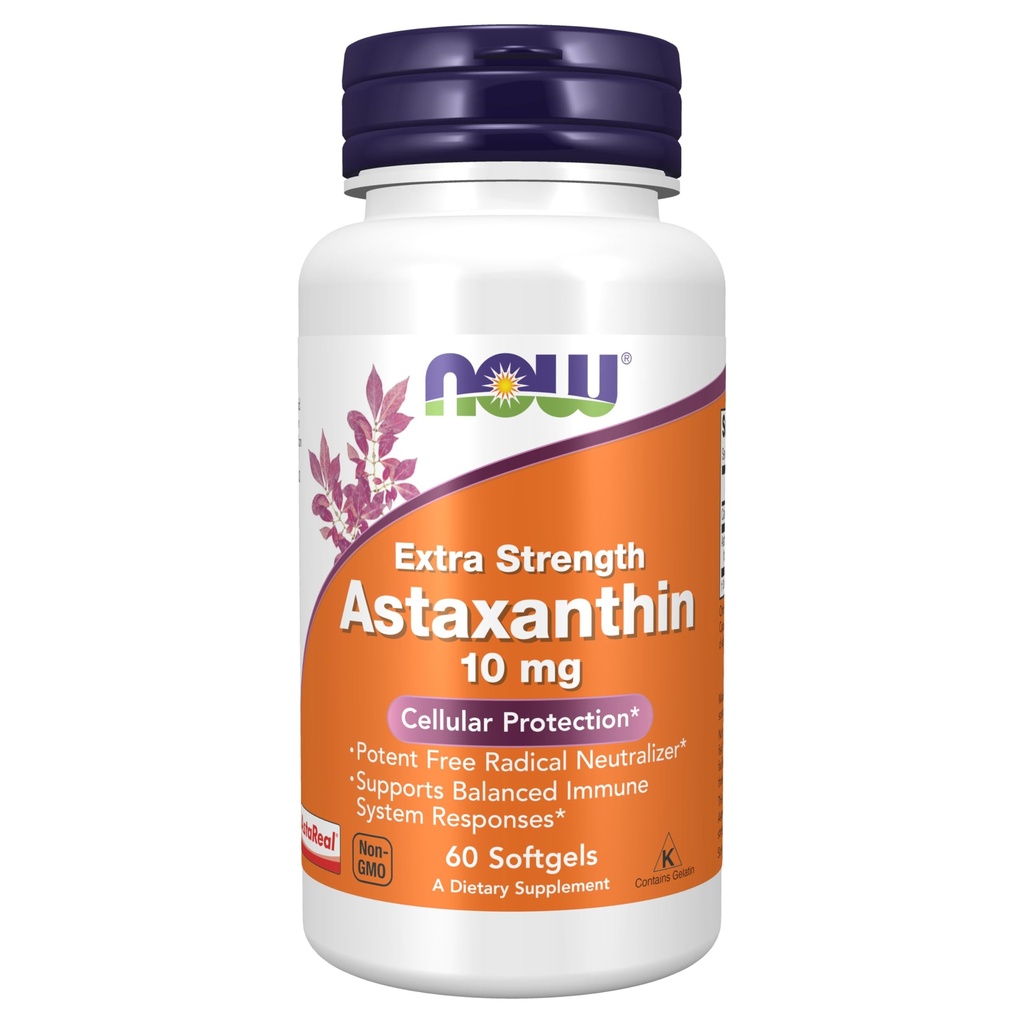 NOW Συμπληρώματα τροφίμων, Ασταξανθίνη 10mg, Extra Strength, που προέρχεται από μη ΓΤΟ Haematococcus Pluvialis Microalgae και έχει φυσικά συμβεί Lutein, Canthaxanthin και Beta-Carotene, 60 Softgels