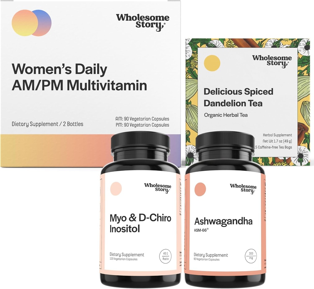 Chill Out Bundle | Myo Inositol & D Chiro Inositol | KSM 66 Ashwagandha Supplements | Premium Bioavailable Daily Multivitamin for Women with Iron and Folate | Organic Roasted Dandelion Root Tea