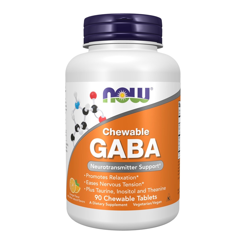 NOW Συμπληρώματα τροφίμων, GABA (Gamma-Aminobutyric Acid), Νευροδιαβιβαστής Υποστήριξη*, Πορτοκαλί Γεύση, 90 Μασώμενα
