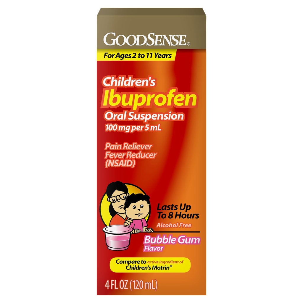 GoodSense Παιδική Ibuprofen πόσιμο εναιώρημα, 100 mg ανά 5 mL, Πόνος Αναπνευστήρας & Πυρετός Μειωτής, Bubble Gum Γεύση