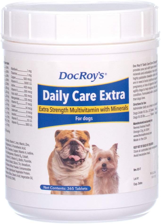 Doc Roy's Daily Care Extra, Advanced Multivitamin for Dogs, Supports Ενέργεια, Ανοσοποιητικό, Μυϊκό, Οστική και Εγκεφαλική Υγεία, Παρέχει Βιταμίνες A C D3 E B Complex, Σίδηρος ψευδάργυρος Μαγνήσιο Ιώδιο, Κατασκευασμένο στις ΗΠΑ 365 ct