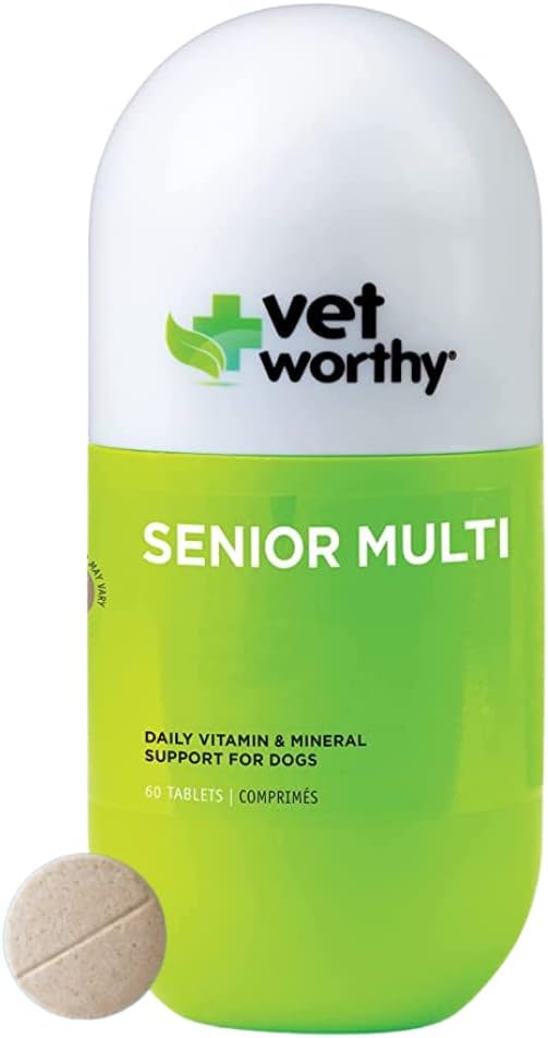 Vet Worthy Senior Multivitamin Chewable for Dogs - Αντιοξειδωτικά και διατροφική υποστήριξη - Καθημερινή υποστήριξη - Ουσιώδεις Βιταμίνες, Ορυκτά, & Ένζυμα - Ήπαρ Γεύση Μασώμενο για Σκύλους - 60 δισκία