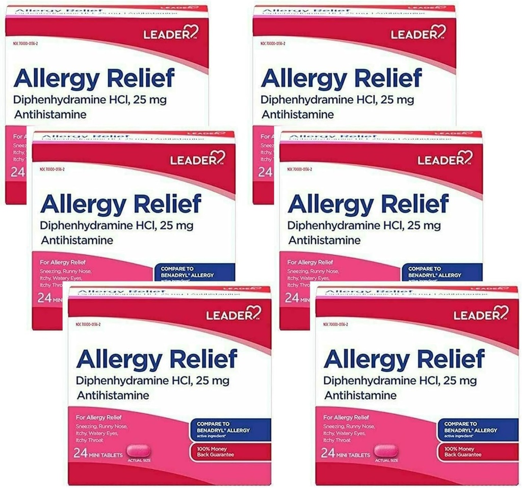 Leader Antihistamine Αλλεργία ανακούφιση Diphenhydramine HCl, 25mg Mini Tablets, 24 Count Pack of 6