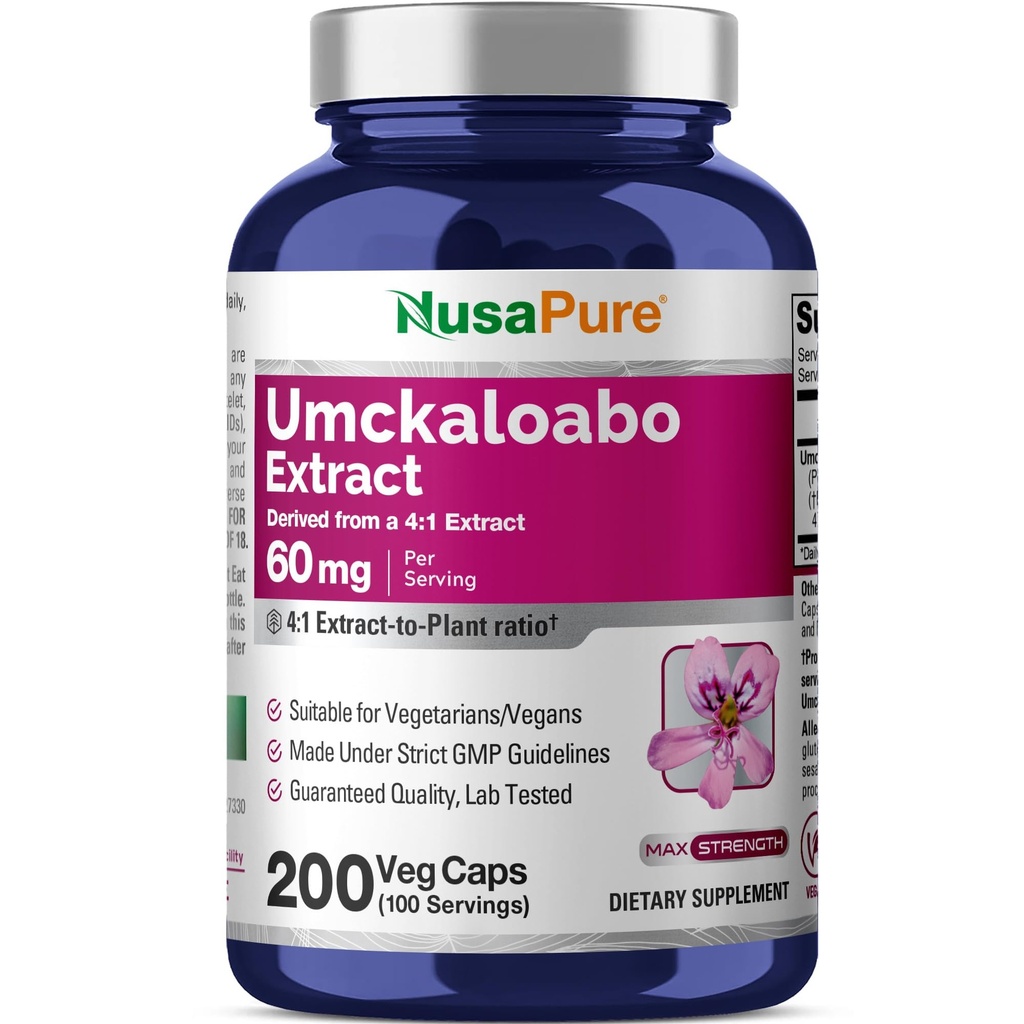 NusaPure Umckaloabo 4: 1 Extract, 60 mg Ισοδύναμο με 240 mg Veggie Caps 200 Count (Non-GMO, Vegan)