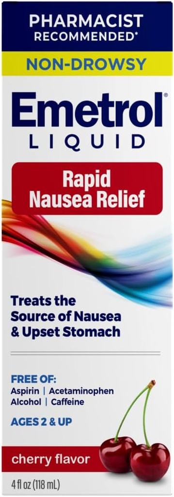 Emetrol Non-Drowsy Nausea Relief - Liquid Medicine for Upset Stomach Relief - Pharmacist Recommended Nausea Medicine - Cherry Flavor - 4fl oz