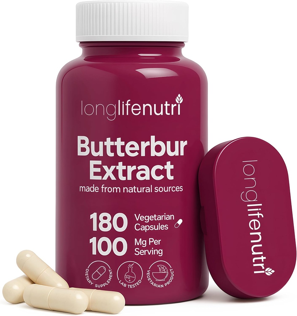 LongLifeNutri Butterbur Extract 100mg - Patasites Hybridus Root Extract, 180 κάψουλες χορτοφάγων, 6μηνη προσφορά, οργανικό συμπλήρωμα για την κεφαλή άνεσης & νευρωνική ηρεμία, GMP Certified, Made in USA