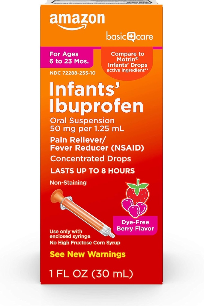Βασική Φροντίδα Infants’ Ibuprofen πόσιμο εναιώρημα, 50 mg/1,25 mL, Berry Flavor συμπυκνωμένες σταγόνες, Dye-free, 1 fl oz (πακέτο του 1)