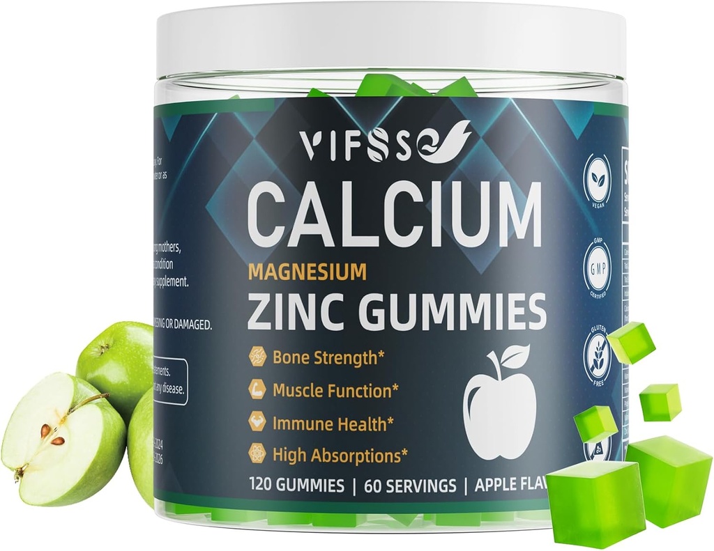 Ασβέστιο Μαγνήσιο Ψευδάργυρος Gummies 600mg με βιταμίνη D3 K2, 120 Gummies Plant Based Sugar-Free Calcium Gummies Υψηλή Απορρόφηση Σύμπλεγμα ασβεστίου Συμπλήρωμα 70+ Ίχνη Ορυκτά για την αντοχή των οστών, Vegan