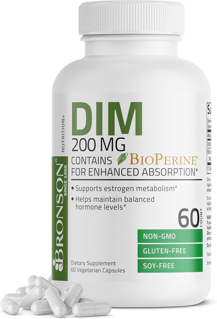 Bronson DIM 200 MG συμπλήρωμα Diindolymethane με BioPerine για ενισχυμένη απορρόφηση, οιστρογόνο μεταβολισμό & διατηρεί ισορροπημένα επίπεδα ορμονών, 60 κάψουλες χορτοφάγων