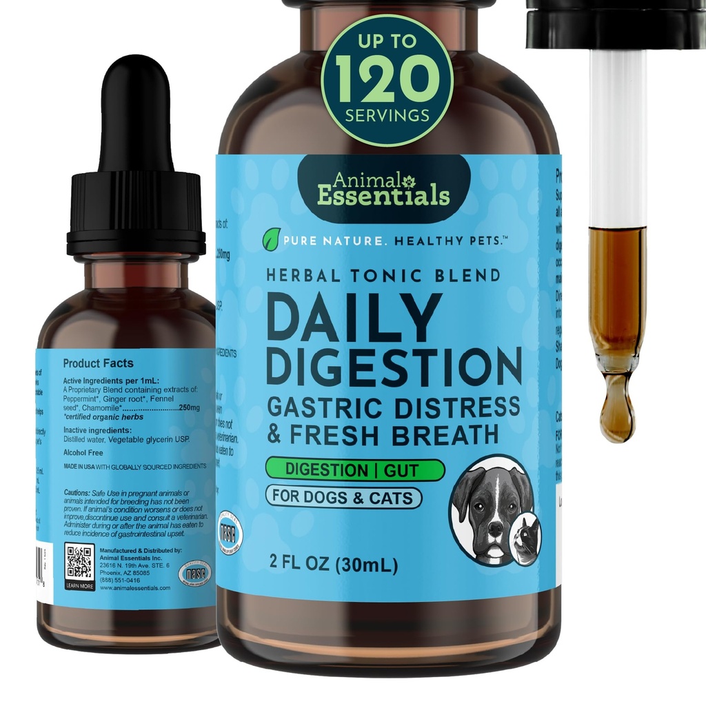 Animal Essentials Daily Digestion for Dogs & Cats - Digestive Support, Fresh Breath, Ginger Root, εκχύλισμα σπόρων μάραθου, συμπλήρωμα υγρού - 2 fl Oz